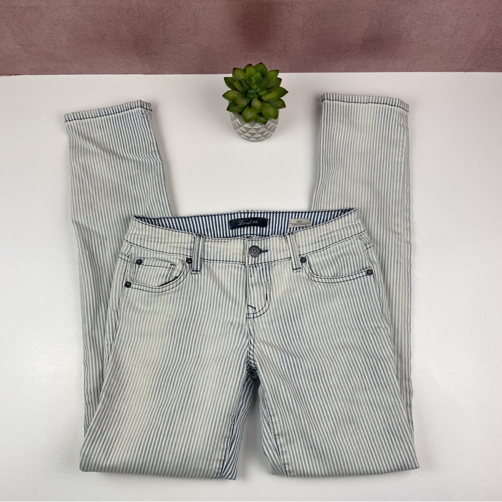 Level 99 Lily Skinny Straight Blue White Stripe Denim Jeans Size 26 Women
